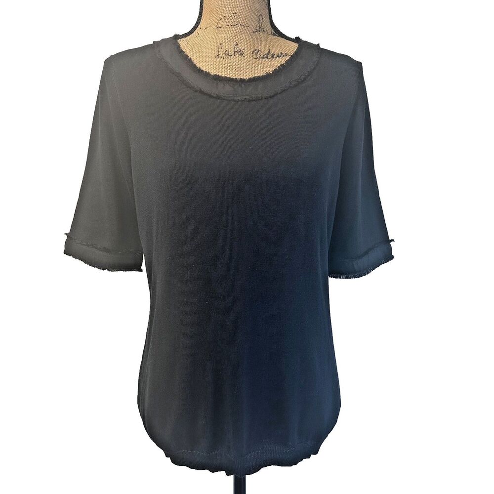 Carlisle Women’s Black Silk Cotton Knit Raw Edge Short Sleeve Top Sz M